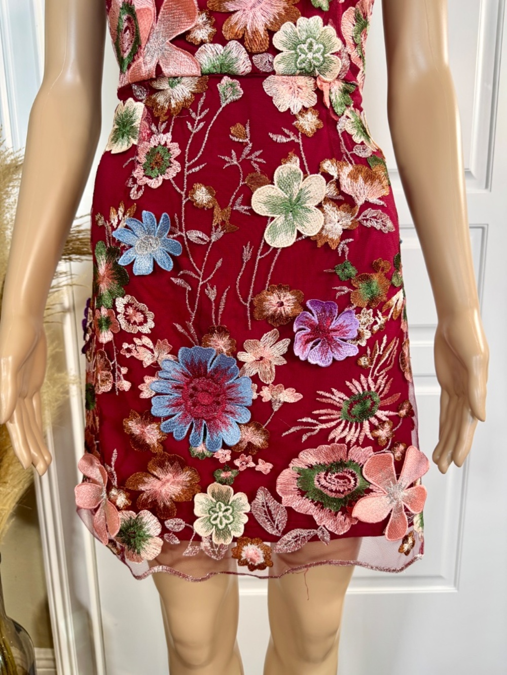 RACER TOP FITTED BURGUNDY MINI DRESS WITH 3D MULTI-COLORED FLORAL DETAILS - Picture 10 of 16